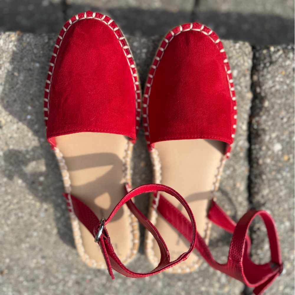 TIME and TRU,Women’s,Size 6.5,Red,Flat Espadrille,Ankle Strap,Memory Foam,”NWOT”